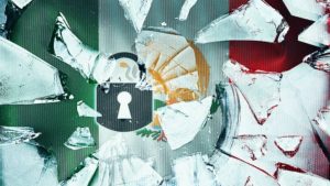 Shattered glass with padlock icon and national flag